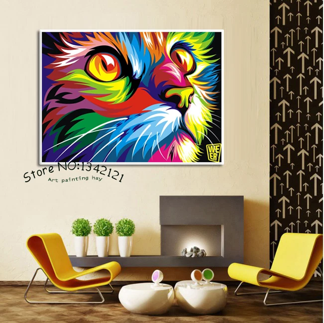 Image Free shipping Original Colorful Paint cat Head Graphic pictures Art print on the canvas wall decor Home wall art picture