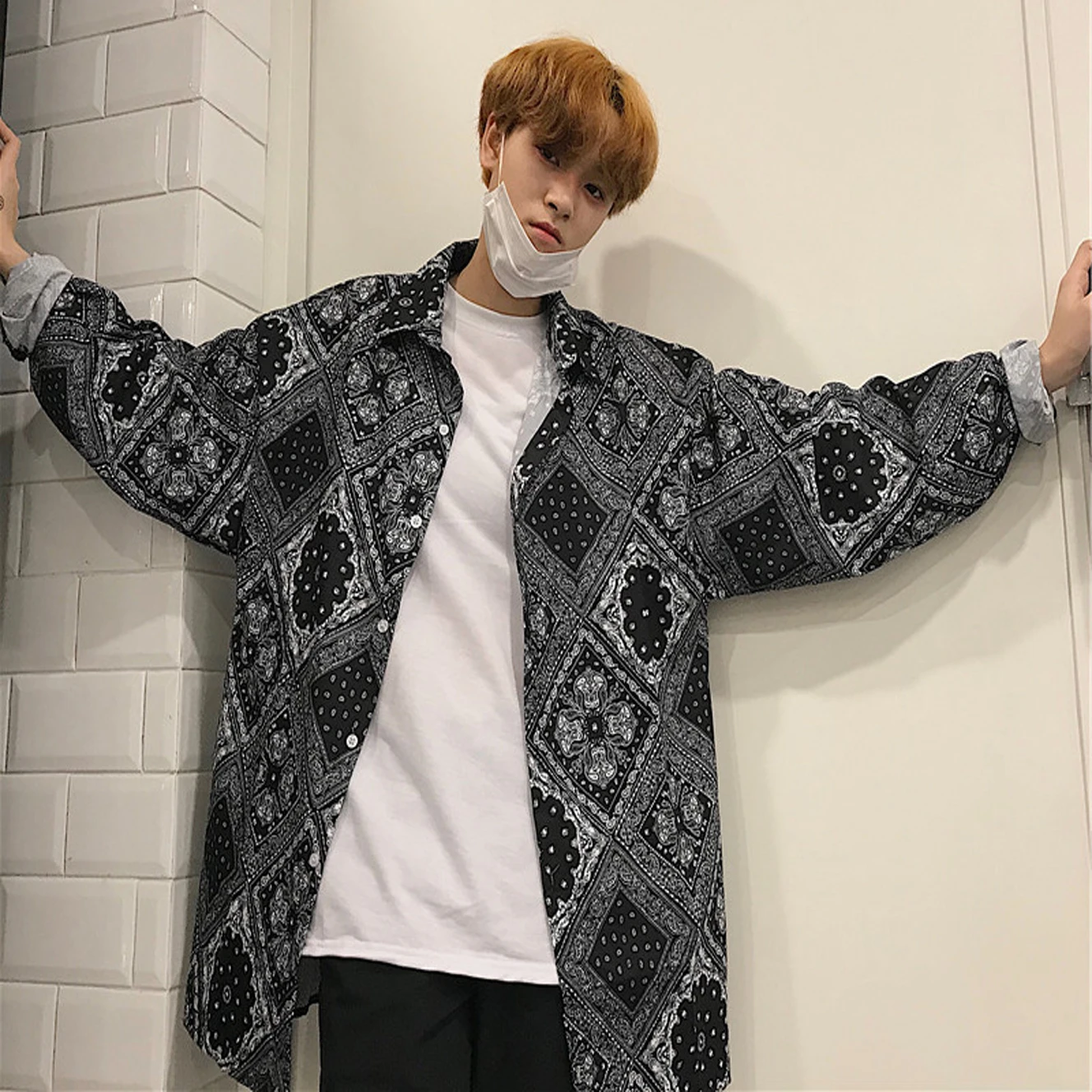 

Korean Men/Women Harajuku Streetwear Hiphop Loose Oversized Bandana Paisley Print Tee Top Shirt Blouse Long Sleeve Block Plaid