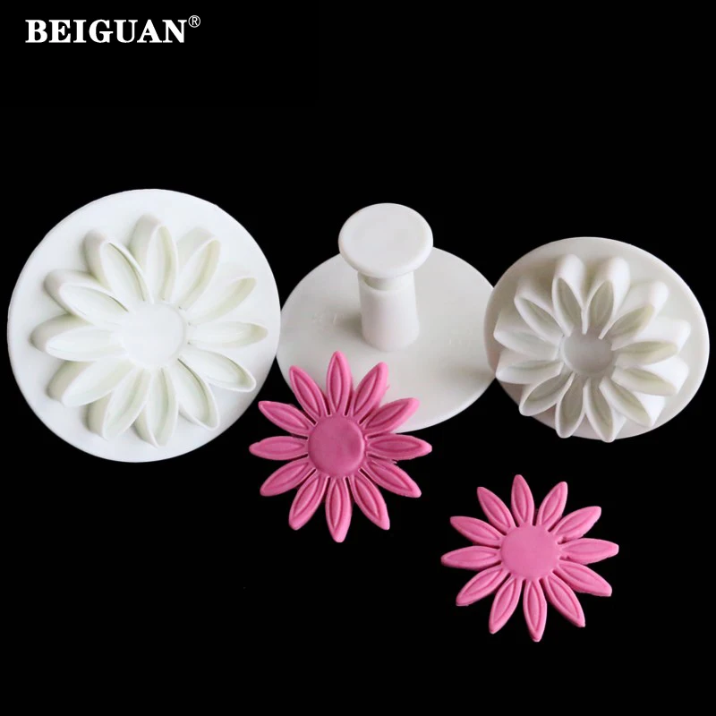 

3 Pcs/set Veined Sunflower Daisy Gerbera Flower Fondant Cake Cookie Plunger Cutter