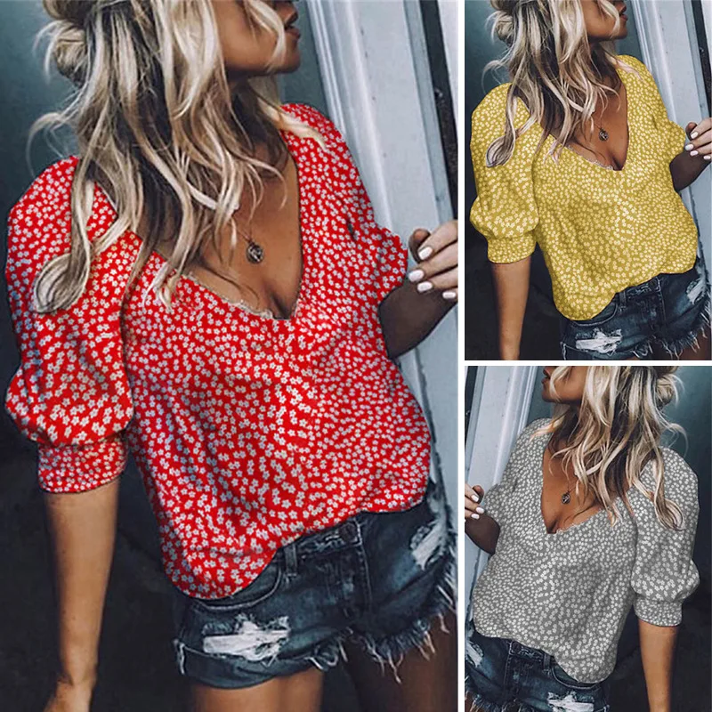 

Summer Style Women Casual V-Neck Short Sleeve Tops Loose Flower Printed Blouse Shirts