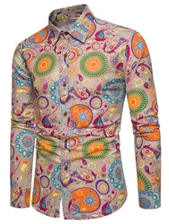 Новая мужская модная рубашка с длинным рукавом и пуговицами в этническом стиле, цветная рубашка с принтом, Мужская блузка, ручная стирка