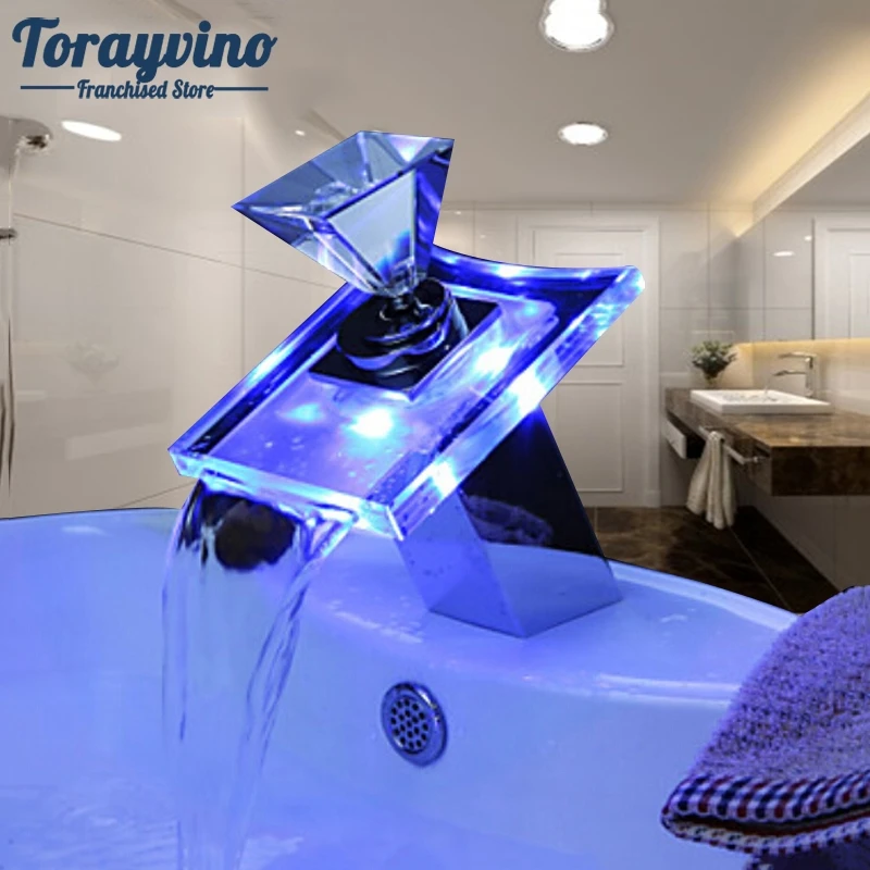 Luxury led light for tap Deck Mount bathroom taps Waterfall Basin Faucet Glass Spout Mixer Tap Chrome Single Hole/Handle faucet