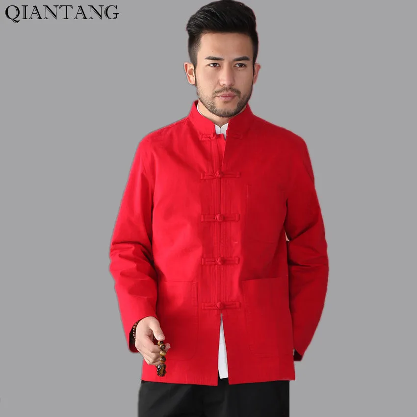Traditional Chinese Classic Style Red Men Kung fu Jacket Cotton Long