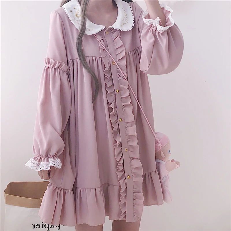 Woherb 2020 Summer Dress Women Harajuku Pink Ladies Ruffle Lace Patch Kawaii Dresses Lolita Cosplay Sweet Loose Vestidos 21092