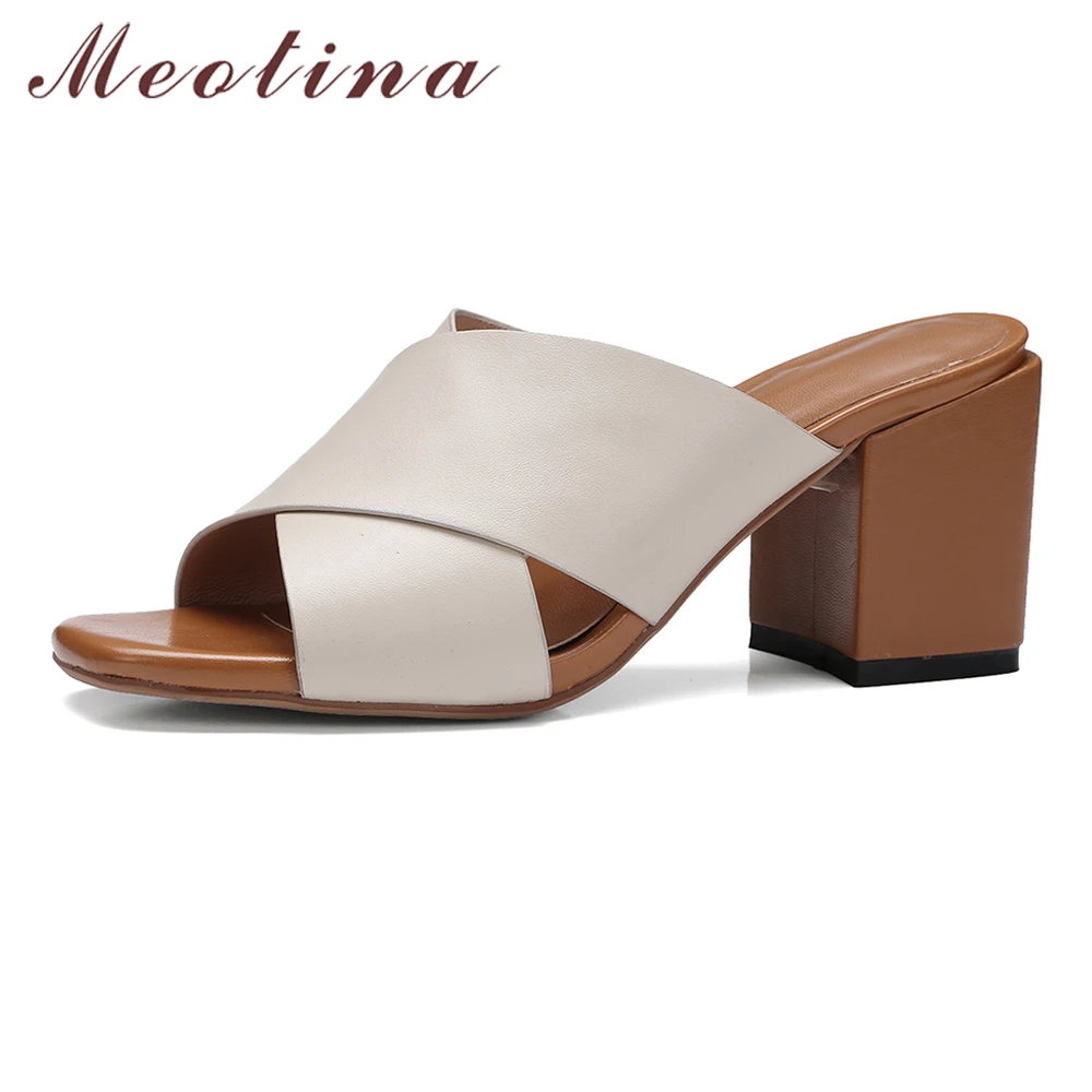 Meotina Genuine Leather Sandals Shoes Women High Heel Slides Mules