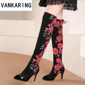 

cow leather+flock thigh high boots retro embroidery over the knee high boots women winter snow boots autumn winter dress shoes
