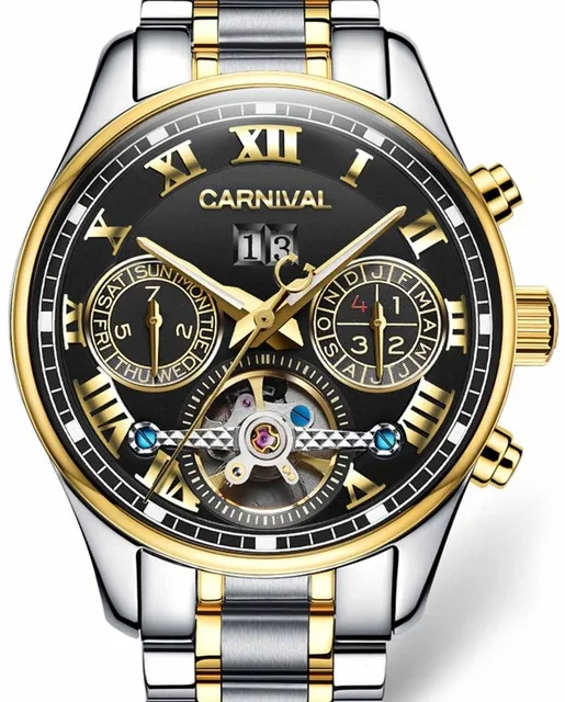 Carnival Tourbillon автоматические часы для мужчин Роскошные Золотые механические часы сапфировое стекло 30 м водонепроницаемые мужские часы reloj hombre - Цвет: steel black