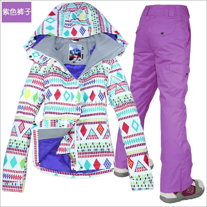 Фиолетовый лыжный костюм для женщин, яркий лыжный костюм для сноубординга, белая Лыжная куртка и фиолетовые лыжные брюки со множеством карманов, лыжная одежда