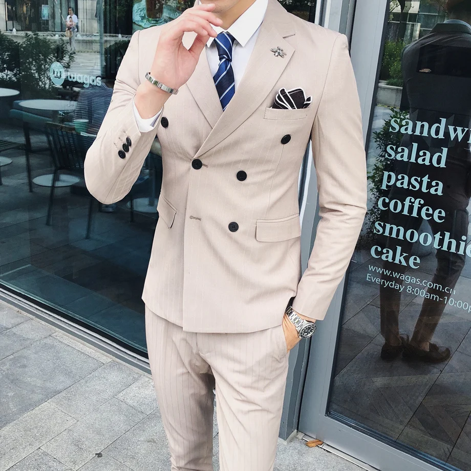 

Double Breasted Striped Man Suit Slim Fit Tuxedo Groom Suits For Men Wedding Khaki Black Gray 3 Pcs Formal Dress Suit Male Q518