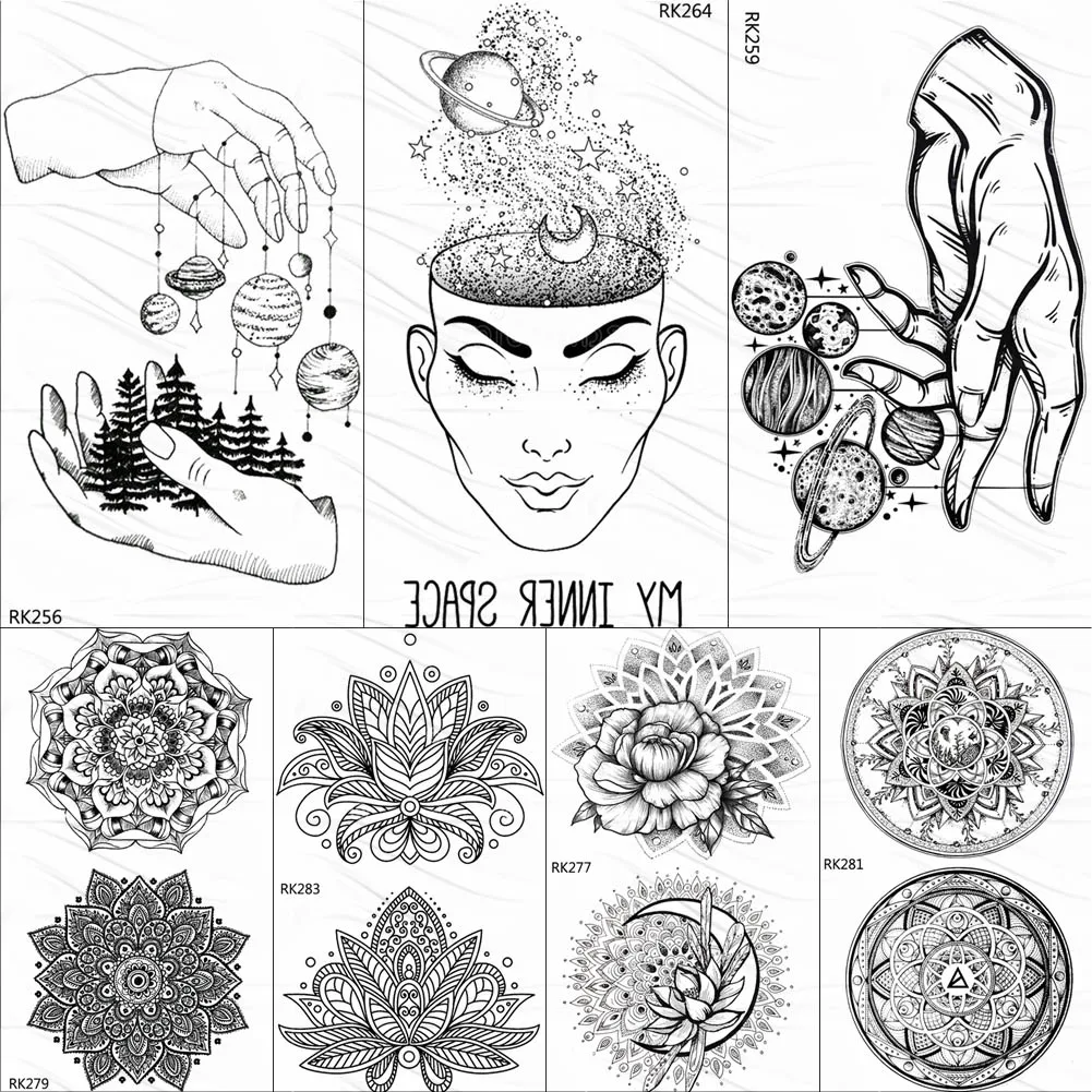 

OMMGO Black Creative Universe Henna Temporary Tattoos Sticker Outspace Fake Tattoo Pendant Forest Custom Tatoos For Women Men