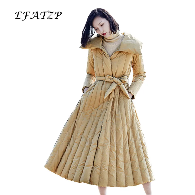 

EFATZP Newest Fashion 2017 Winter Runway Down Coats Women's Long Sleeve Slim Was Thin Waist Skirt Lengthened Down Jacket