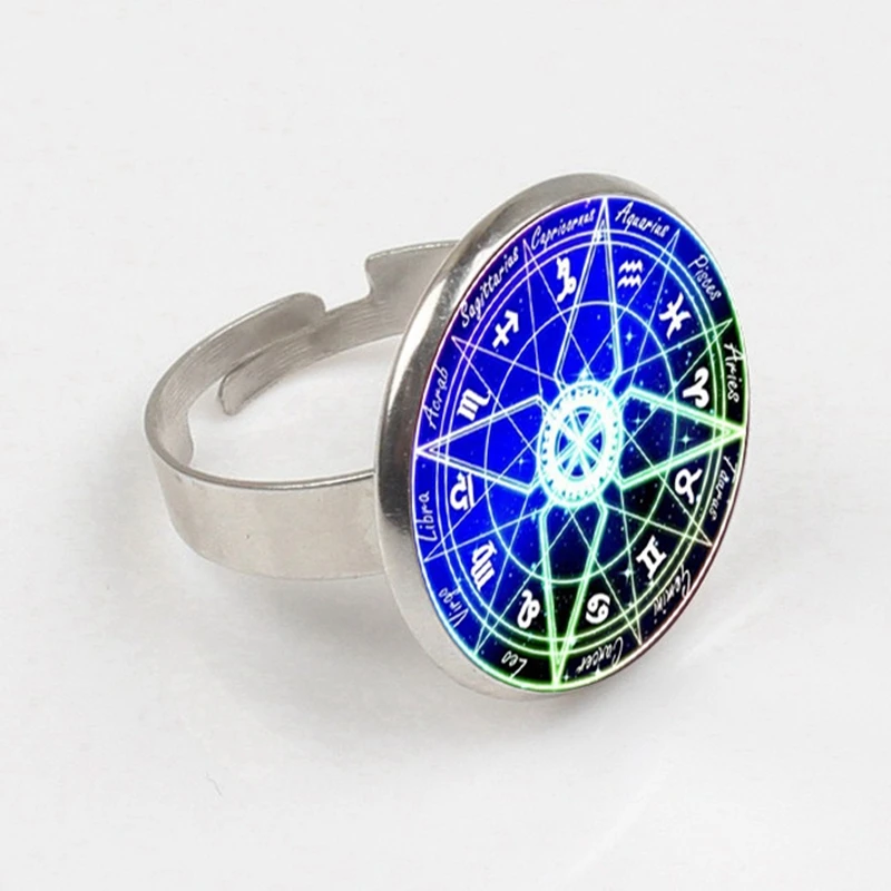

2019 Blue pentagram wiccan glass ring silver constellation ring charms blue ball glass jewelry bijouterie