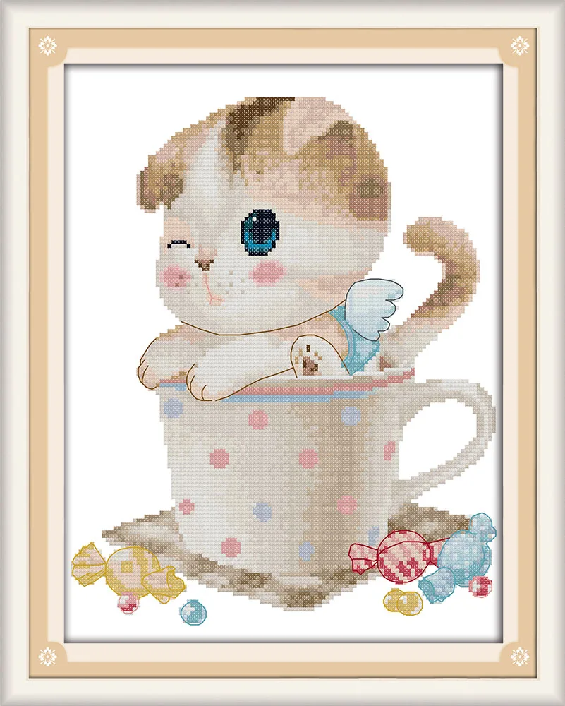 

Kitten In The Cup Cross Stitch Kits Embroidery Needlework Sets Home Decoration Counted Cross Stitch Cat Dmc Embroidery floss