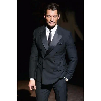 

2020 Jacket+Pants+Tie Charcoal Wedding Suit For Men Double Breasted Mens Suits Groom Tuxedos Peaked Lapel Groomsmen party dress