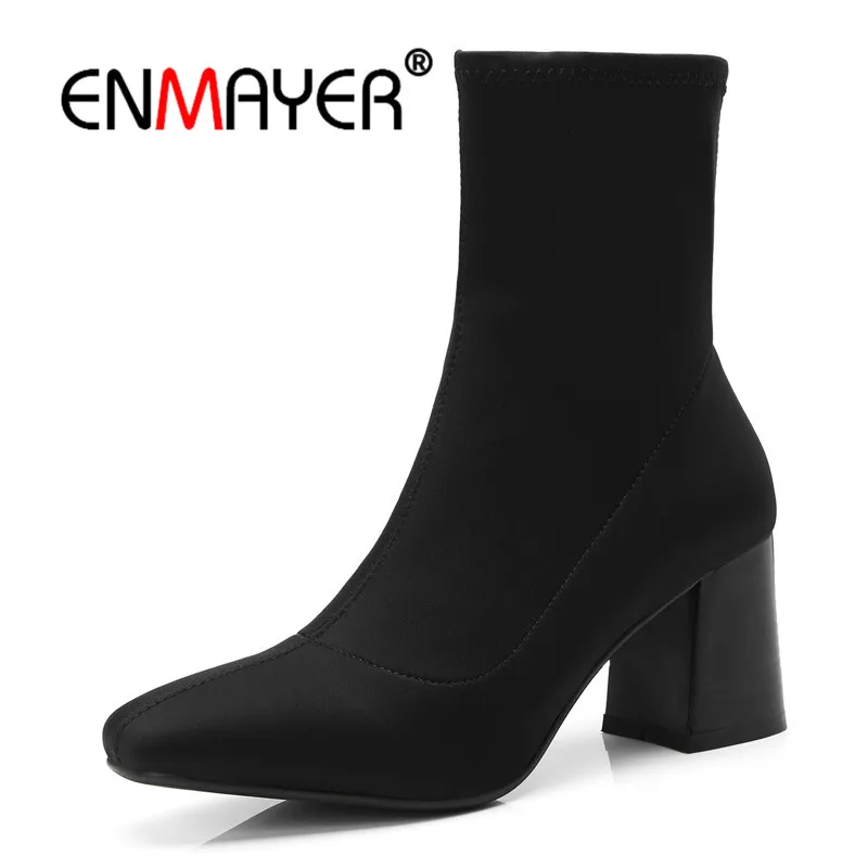 

ENMAYER Female Ankle Boots Size 34-39 Causal Med Heels Thick Heels Fashion Boots Square Toe Shoes woman Slip on Stretch CR1063