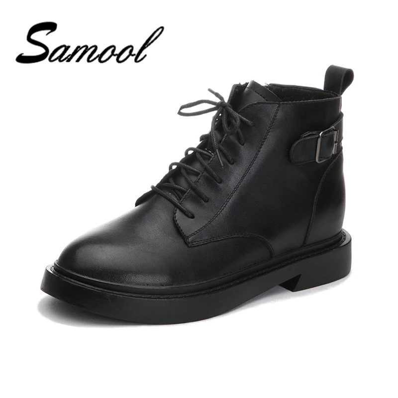 

New Fashion European Style Black Ankle Boots Flats Round Toe Back Zip Martin Boots Genuine Leather Woman Pump Shoes lx5