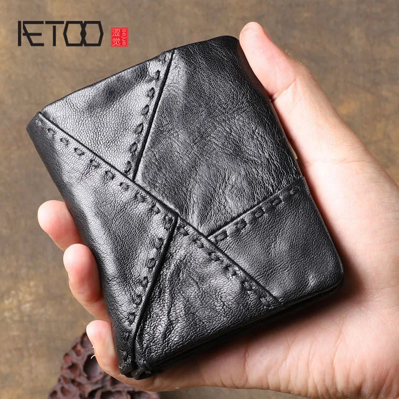 

AETOO Original retro leather short wallet First layer sheepskin multi-function stitching vertical wallet Youth coin holder