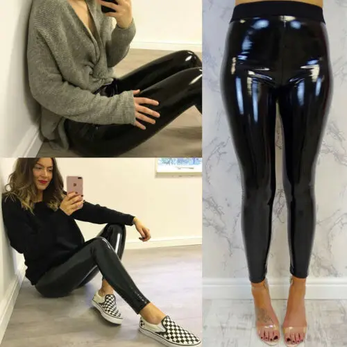 Women Ladies Vinyl PVC Wet Look Shiny Disco Elasticated High Waist Leggings  Pant - AliExpress