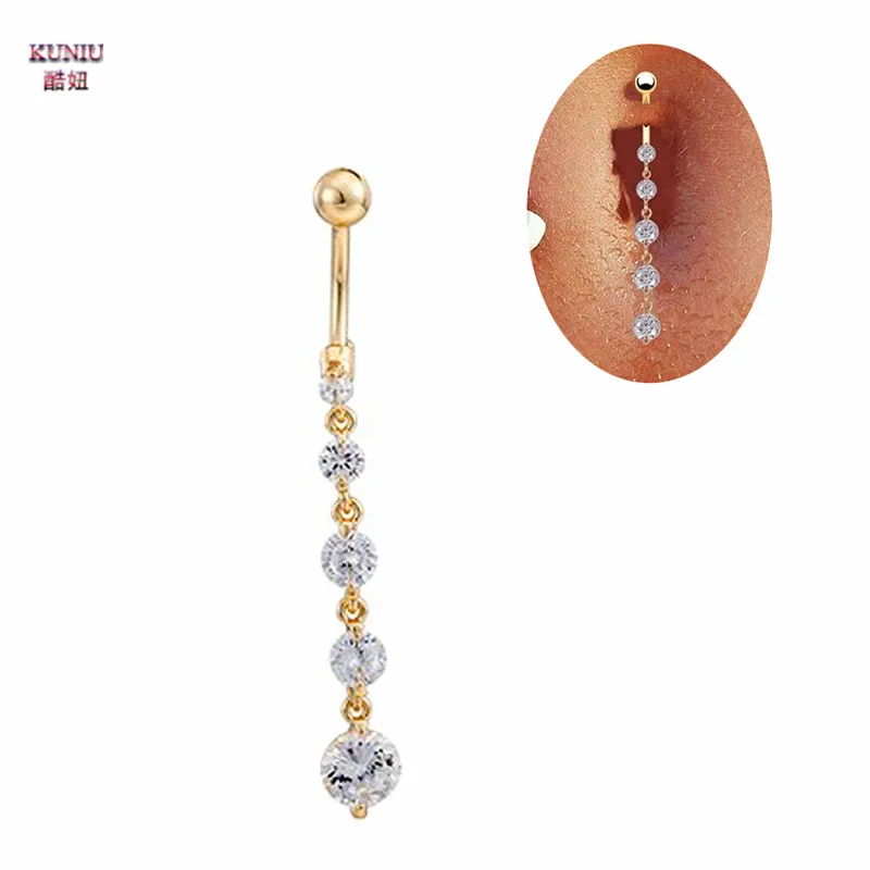 KUNIU New Crystal Long Dangle Navel Belly Ring Body Piercing Reverse