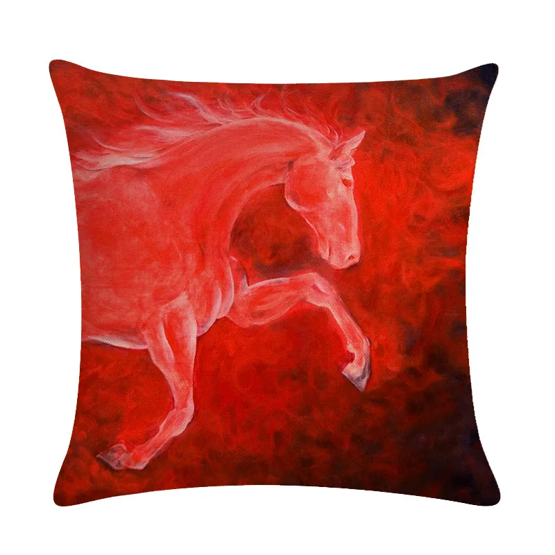 Animal Linen Cushion Cover Horse and Grassland Pillow Case for Sofa Seat Couch Bedroom Decorative Covers Home Living Room Decor