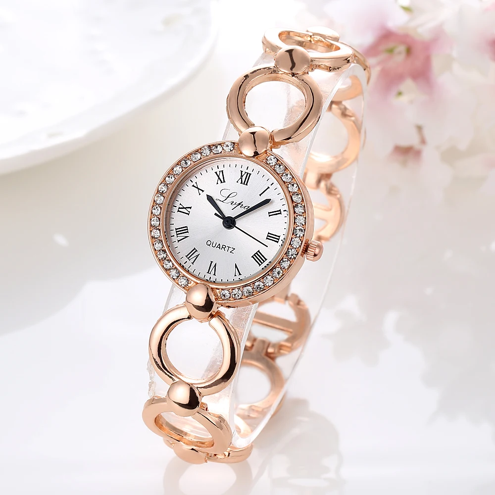 Lvpai Brand Gold Plated Circle Bracelet Watches Women Luxury Crystal