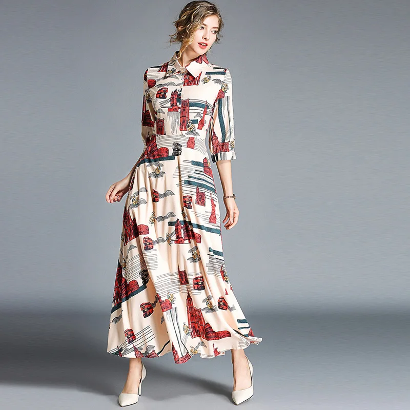 Czgee 2018 High Quality Autumn Dress Designer Women Three Quarter Sleeve Printing Turn Down Collar Slim Vintage Dress Vestido Dresses
