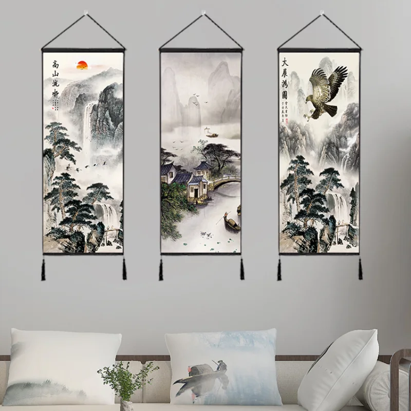 Китайский горный пейзаж и воды живопись домашняя декоративная настенная вешалка гобелен хлопок лен прокрутки живопись с кисточками
