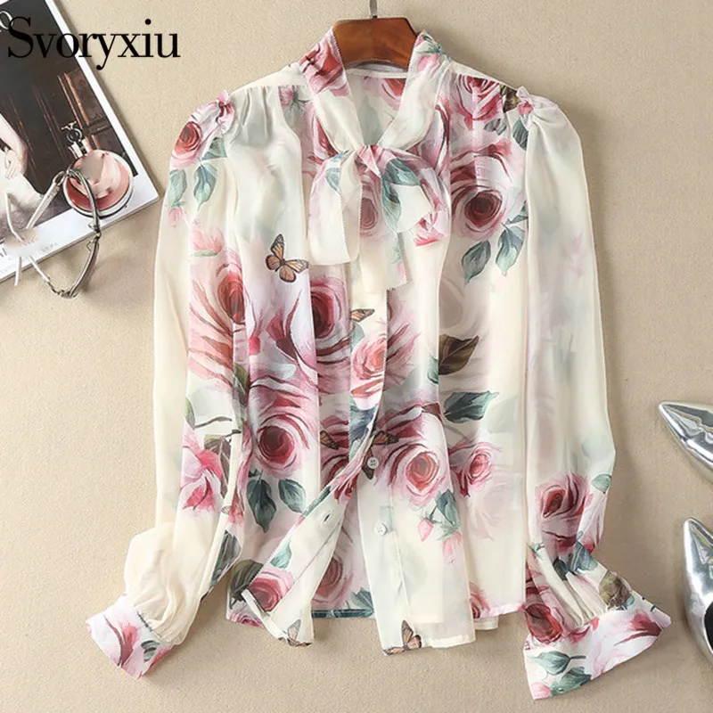 Meilleur SVORYXIU D été Chemises Top Femmes Haute Qualité Manches Longues Écharpes Col Rose Papillon Imprimé Blouse