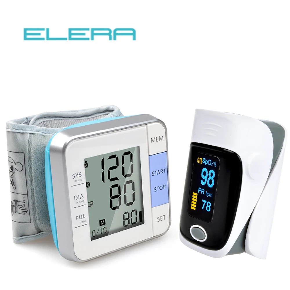 

ELERA Fingertip Pulse Oximeter + LCD Automatic Digital Wrist Blood Pressure Monitor Tonometer Oximetro Alarm Setting Oximetro
