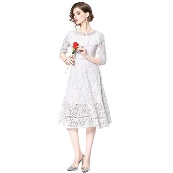 

Solid White Lace Dress Woman Ruffles Elegant A-line Dress for Woman OL Midi Party Dress Hollow-out Laces Dress Spring Summer