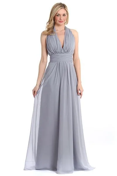

Modern Halter Deep V Neck Draped Waist Grey Long Bridesmaid Dresses