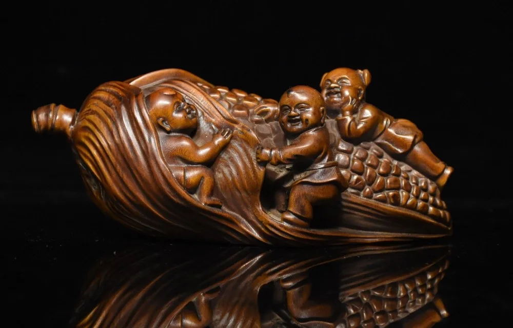 

Christmas China Folk Collect Boxwood wood Carve boy frolic corn lucky riches honour Statue Halloween