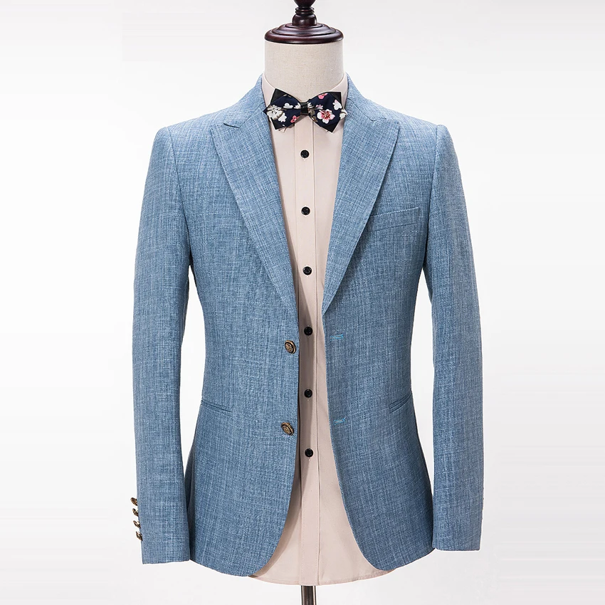 New High quality linen Suits Groom Tuxedos Slim Fit Tailored Suit Peaked Lapel Wedding Suits For Men (Jacket+Pants+Vest)