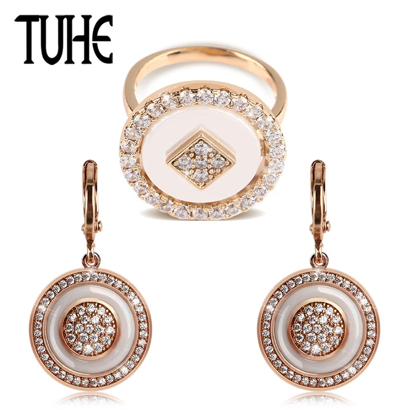 

TUHE Vintage Rose Gold Jewelry Set Round Shape With One Row Crystal Rings And Drop Earrings Women Exquisite Ceramic Jewelry Set