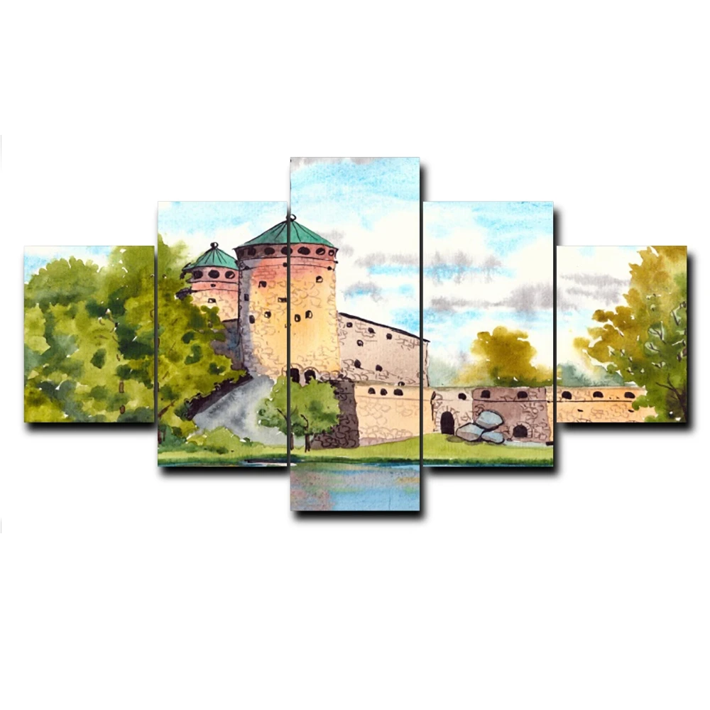 

Laeacco Spring 5 Panel House Outside Posters and Prints Vintage HD Canvas Painting for Living Room Home Decoration Photo Album