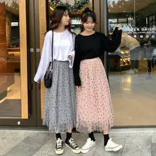 Тюлевые женские юбки с эластичной резинкой на талии Весенняя юбка в горошек Женская плиссированная длинная юбка миди с высокой талией можно носить с двух сторон