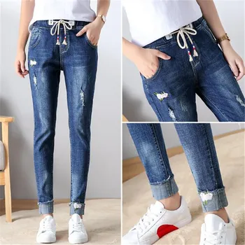 

WKOUD Embroidery Jeans For Women New 2019 Hole Blue Denim Harem Pants Casual Spring Jeans Female Boyfriend Trousers P8864
