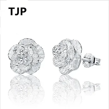 

TJP Wholesale Female 925 Sterling Silver Earrings Jewelry Top Quality Flower Shaped Silver Stud Earrings For Women Lady Party