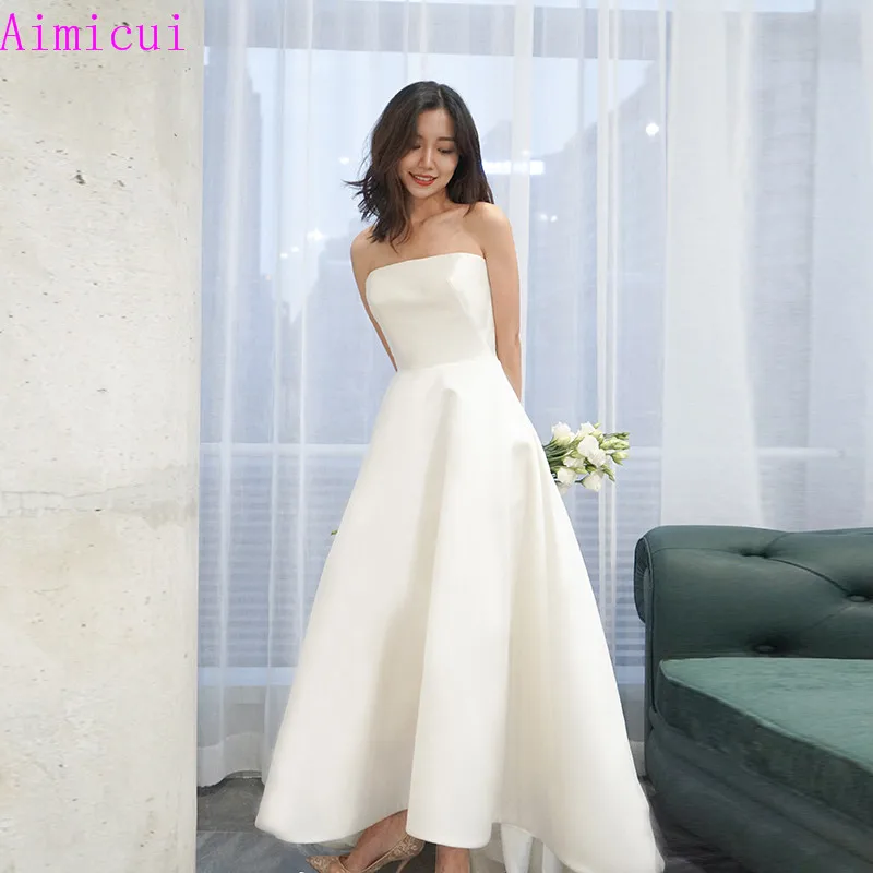 

Sexy A-Line Short Boho Wedding Dresses Vestido Noiva Praia Simple White Satin Casamento Bridal Gown Custom Made Bride Dress
