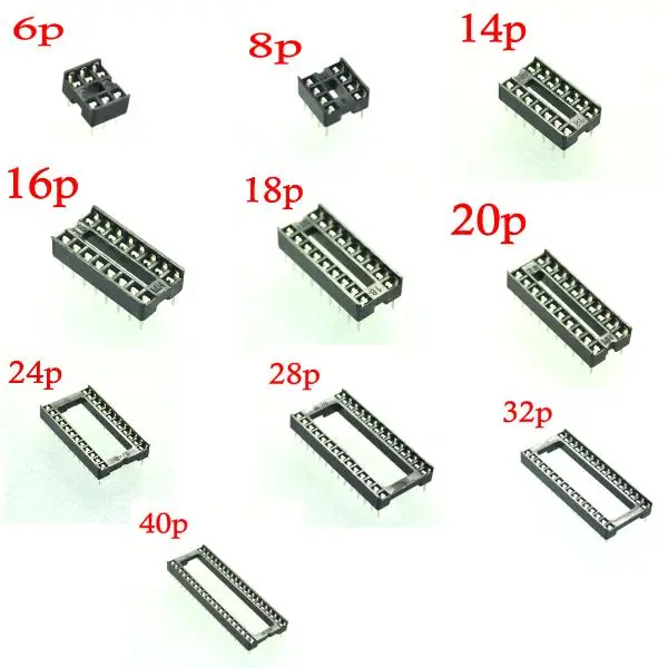 105 шт. IC Разъем 10 значений dip 6P 8P 14P 16P 18P 20P 24P 28P 32P 40P адаптер припоя Тип Комплект розеток для ICs