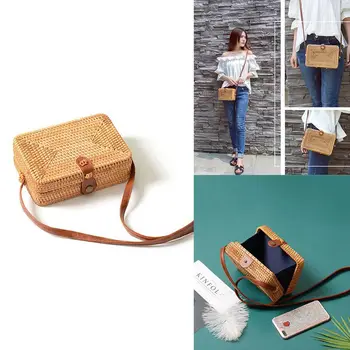 

INS new ladies hand-woven Satchel square rattan retro literary hand-woven leather buckle package Bohemia Beach Messenger Satch