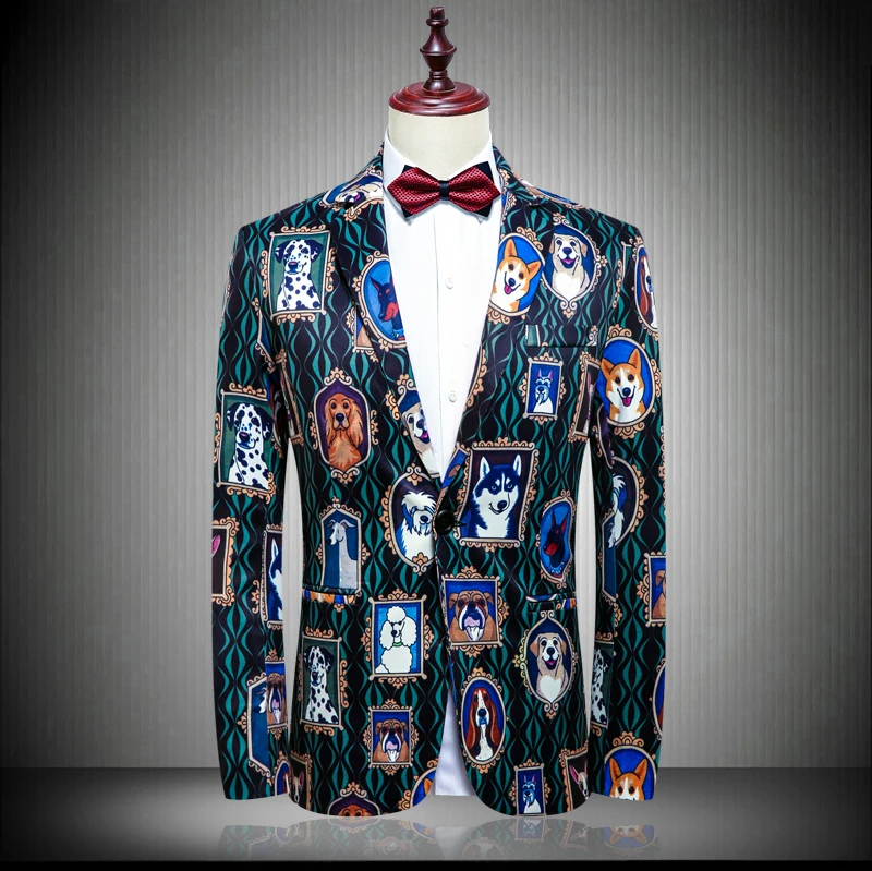 

2019 New Fashion Print Men Blazer Designs Dogs Pattern Plus Size Hip Hot Casual Male Slim Fit Suit Jacket Singer Costume