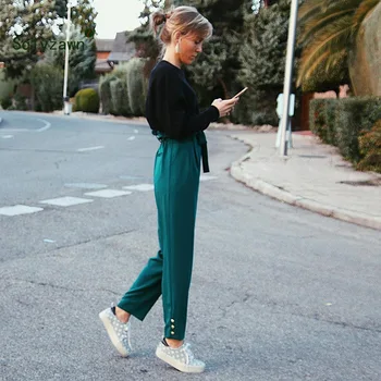 

Women OL Chiffon High Waist Harem Pants Bow Tie Drawstring Sweet Side Button Ankle Pants Lady Pockets Casual Trousers Pantalones