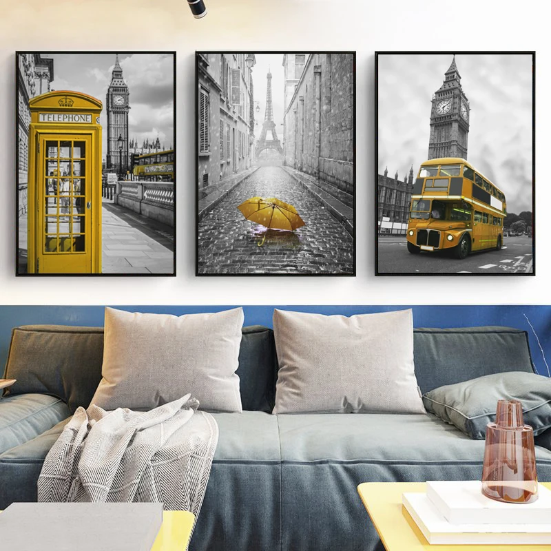 

City Street Landscape Yellow Phone Booth Umbrella Bus Canvas Art Painting Print Poster Picture Wall Living Room Home Decor Mural