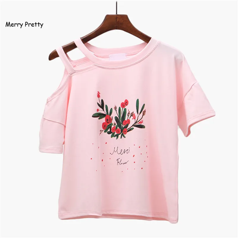 

Merry Pretty Pink t shirt Women Sexy Off shoulder Short Sleeve Floral Print Tee Shirt Cotton T-shirt Girls Casual Sweet Top Girl