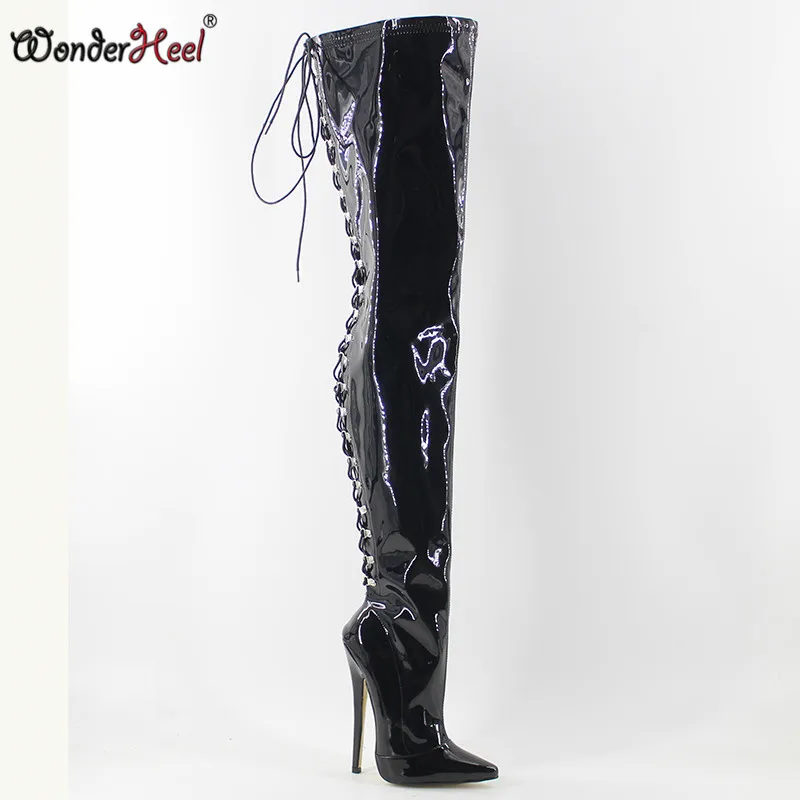 Wonderheel/пикантные черные лакированные сапоги до промежности на очень высоком каблуке 18 см с острым носком и шнуровкой сзади - Цвет: Черный