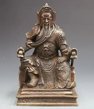 

China Folk Temple Copper Bronze Sit Dragon chairs Guan Gong Mammon Statue