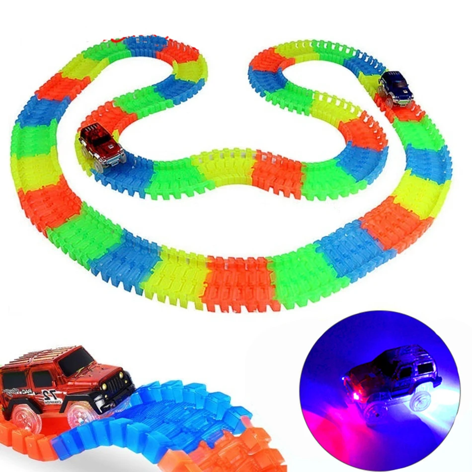 

Glowing Racing Track Bend Flex Flash in the Dark Assembly Led Light Track Car Flexible Glowing Tracks Toy 165/220/240pcs WJ560