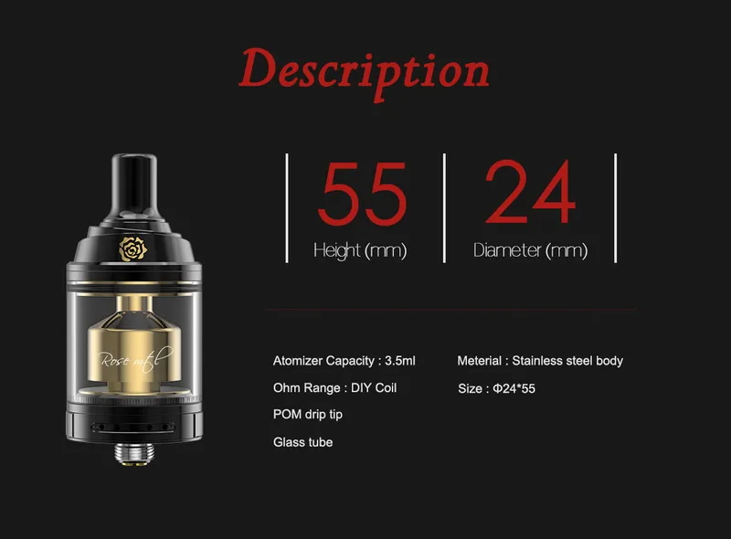 

Authentic Fumytech Newest glod rose tank MTL RTA Rebuildable Atomizer 3.5ml 24mm POM Drip tip Vape vape vs dragon ball