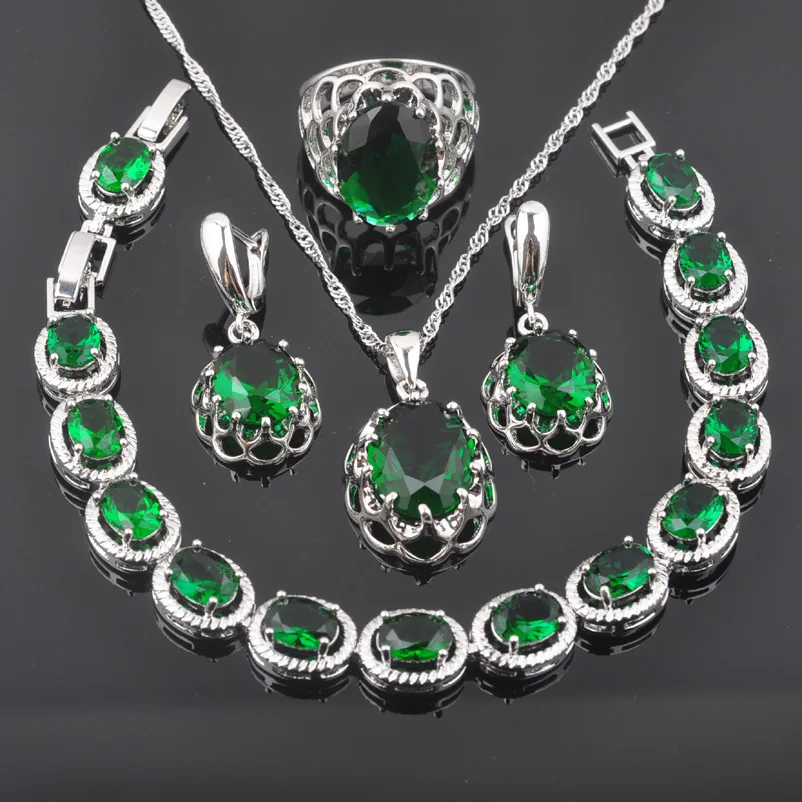 

FAHOYO 925 Sterling Silver Hot Sale Green Zircon For Women Jewelry Sets Bracelet Necklace Pendant Earrings Ring QS0162